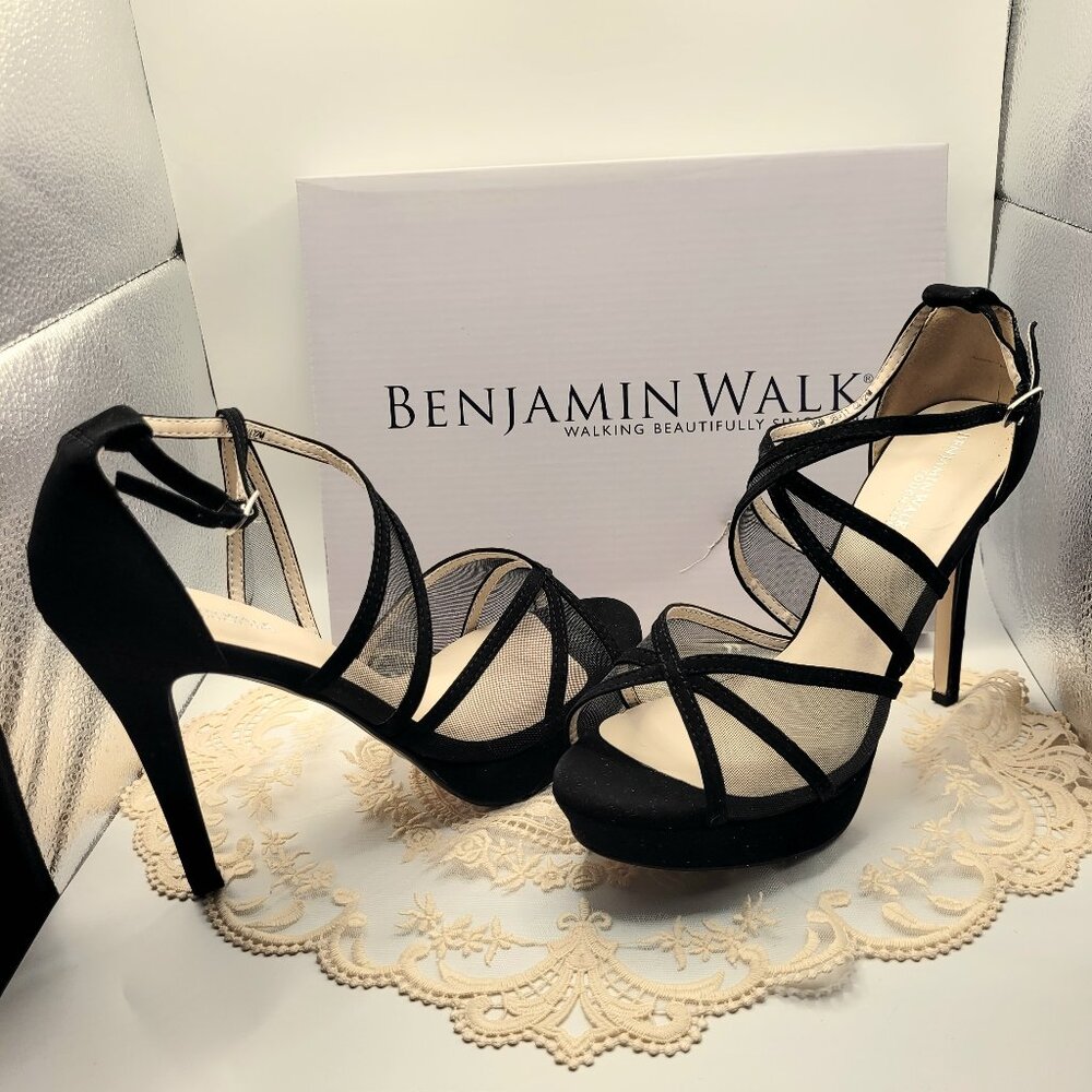 Benjamin Walk Corri 98Touch Ups Black Suede 9.5M Ankle Strap HIgh Heel Sandals